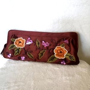 Brown Satin Floral embroidered Clutch Handbag Prom Wedding Purple Flowers 90s